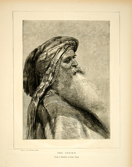 1870 Wood Engraving Carl Haag Art Sheikh Portrait Arab Middle East Old Man YTG1