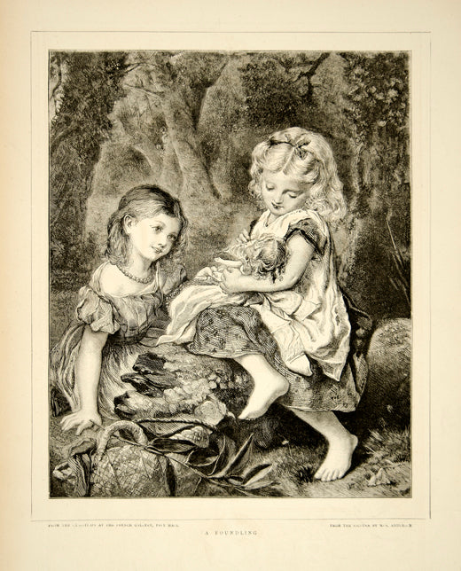 1870 Wood Engraving Sophie Anderson Art Foundling Children Girls Orphan YTG1