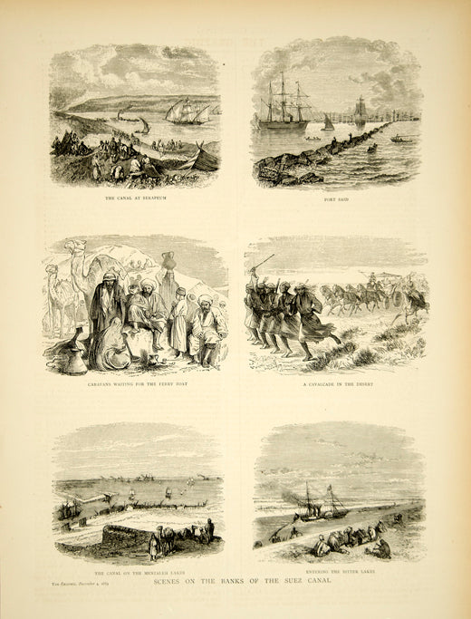 1869 Wood Engraving Port Said Suez Canal Egypt Desert Caravan Lake Manzala YTG1