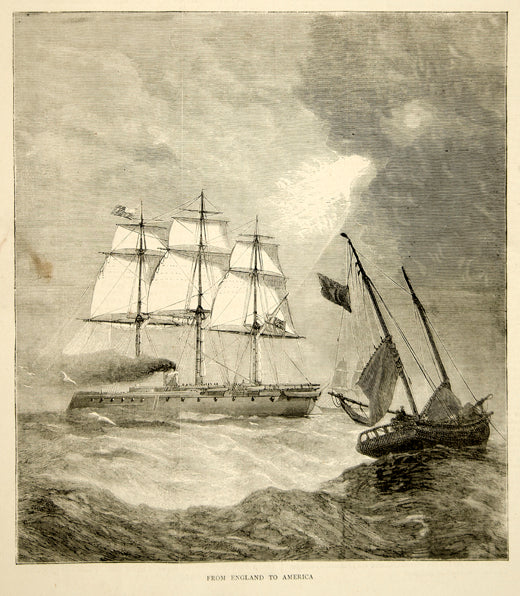 1869 Wood Engraving Art Sailing Ships Nautical Atlantic Ocean Waves YTG1
