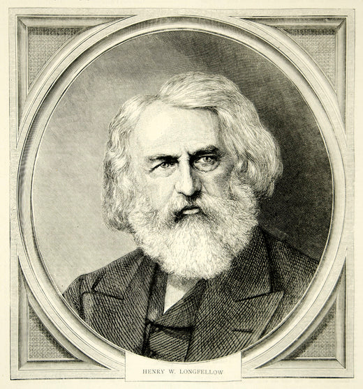 1869 Wood Engraving Art Henry Wadsworth Longfellow Poet Portrait Beard Old YTG1