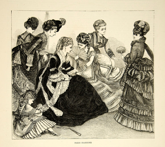 1870 Wood Engraving Art Paris Fashions Victorian Women European French YTG1
