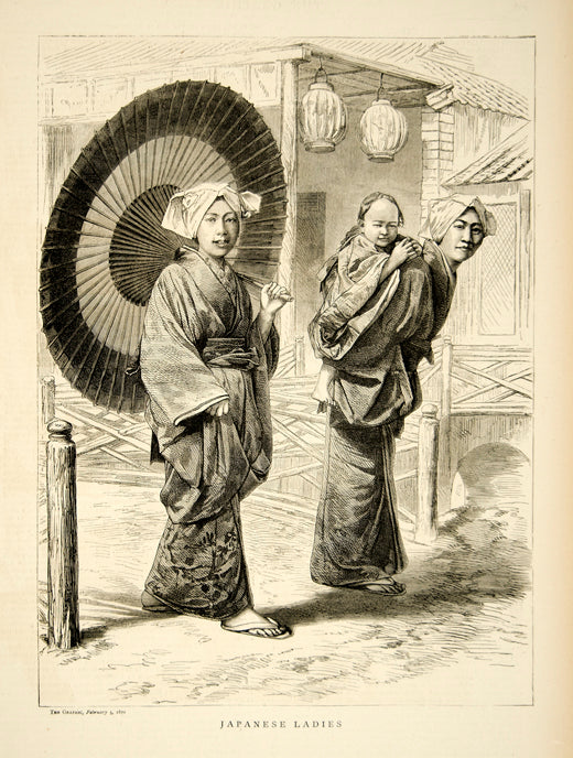1870 Wood Engraving Art Portrait Japanese Ladies Asia Ethnic Costume Child YTG1