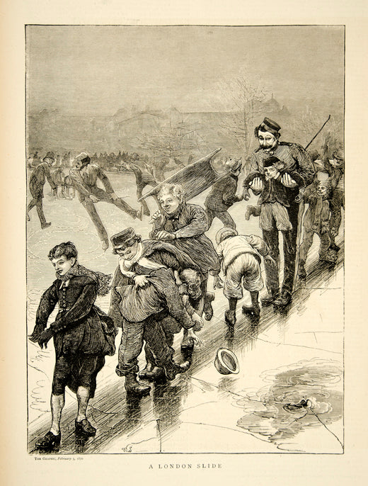 1870 Wood Engraving Art Victorian London Slide England Ice Skating Children YTG1