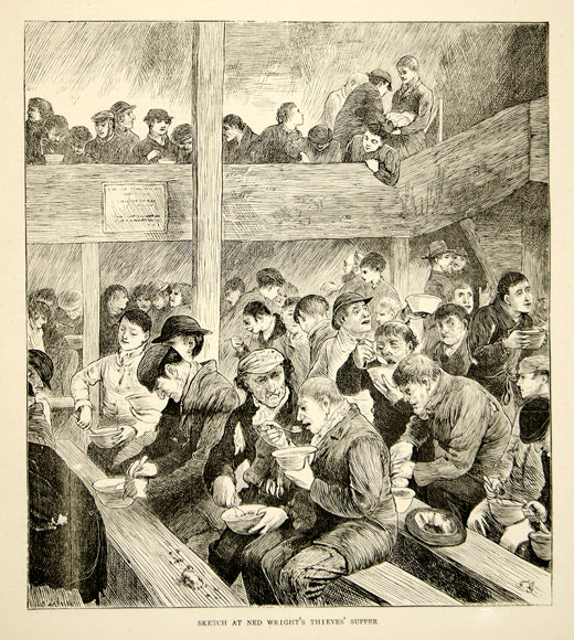 1870 Wood Engraving Ned Wright Thieves Supper Soup Kitchen London England YTG1