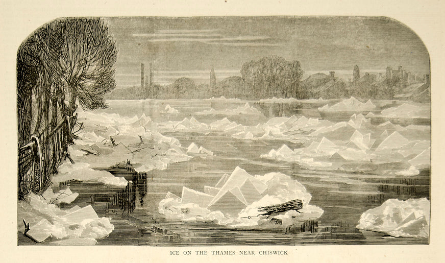 1870 Wood Engraving Art Ice Thames River Chiswick London England Winter YTG1