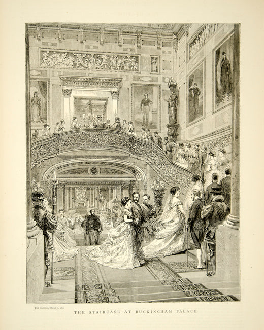 1870 Wood Engraving Art Staircase Buckingham Palace Interior British YTG1