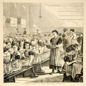 1870 Wood Engraving Art Dinner Orphan Working School Haverstock Hill London YTG1