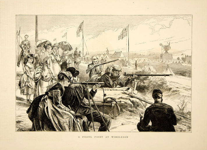 1870 Wood Engraving Firing Point Wimbledon London England Victorian Gun YTG1
