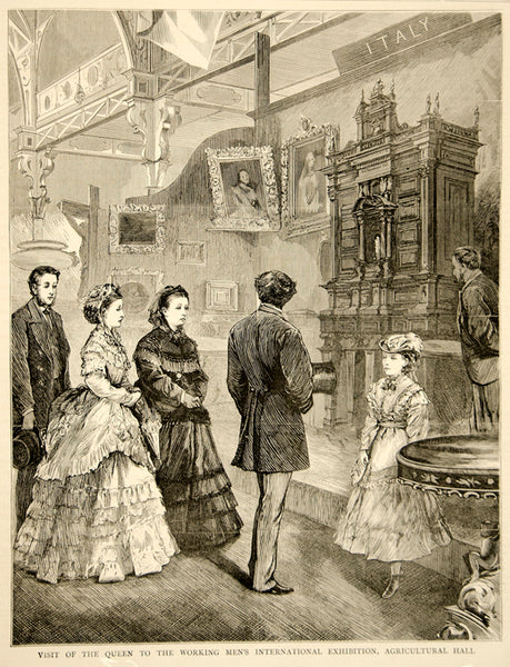 1870 Wood Engraving Queen Victoria Agricultural Hall Islington