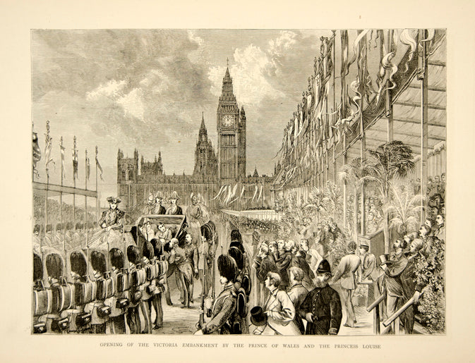1870 Wood Engraving Victoria Embankment Prince Wales Princess Louise London YTG1