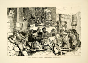 1870 Wood Engraving Covent Garden Market Peasants Shelling Peas London YTG1