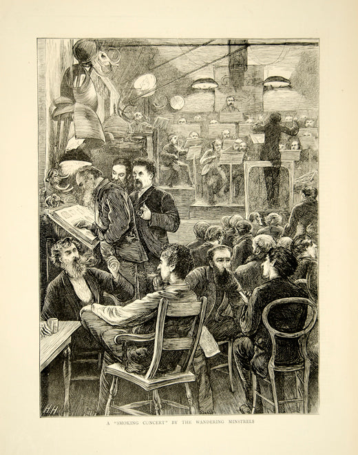 1870 Wood Engraving HH Smoking Concert Wandering Minstrels Victorian YTG1