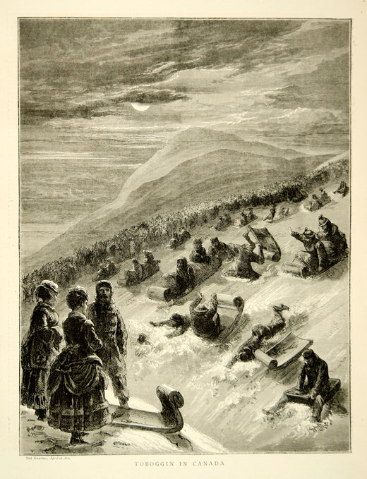1870 Wood Engraving Art Toboggan Canada Victorian Snow Sledding Hill Winter YTG1
