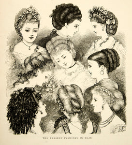 1870 Wood Engraving Art Victorian Era Womens Hairstyles Fashion Portrait YTG1