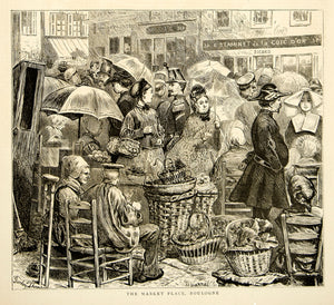 1870 Wood Engraving Gordon Thomson Marketplace Boulogne France Victorian YTG1