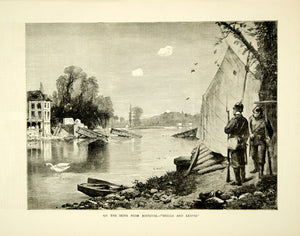 1870 Wood Engraving Franco-Prussian War Seine River Bougival France Shell YTG1