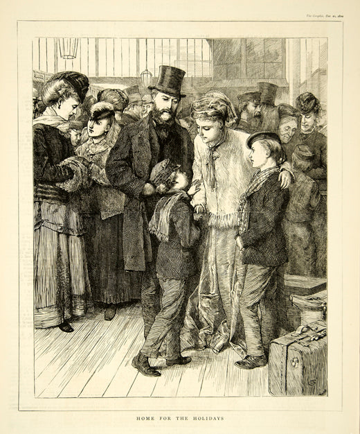 1870 Wood Engraving Art English Schoolboys Home Holidays Christmas YTG1