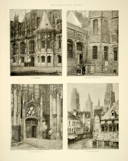 1870 Wood Engraving Art Rouen France Cathedral Palais De Justice St Ouen YTG1