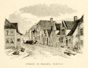 1870 Wood Engraving Art Street Bergen Hordaland Norway Scandinavia YTG1