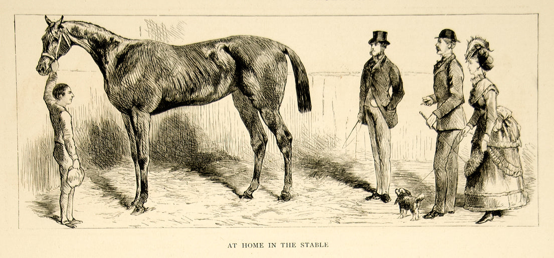 1870 Wood Engraving John Flatman Art Thoroughbred Racehorse Stable YTG1