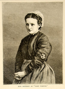 1870 Wood Engraving Portrait Sidney Frances Bateman Actress Mary Warner YTG1