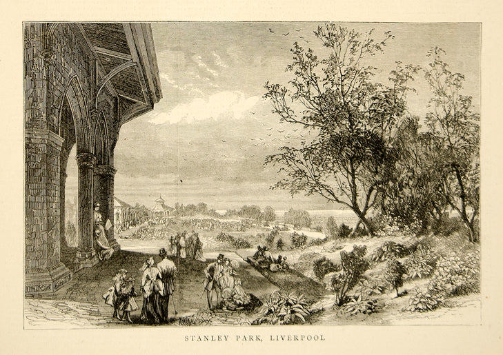 1870 Wood Engraving Art Stanley Park Liverpool England Victorian Era Garden YTG1