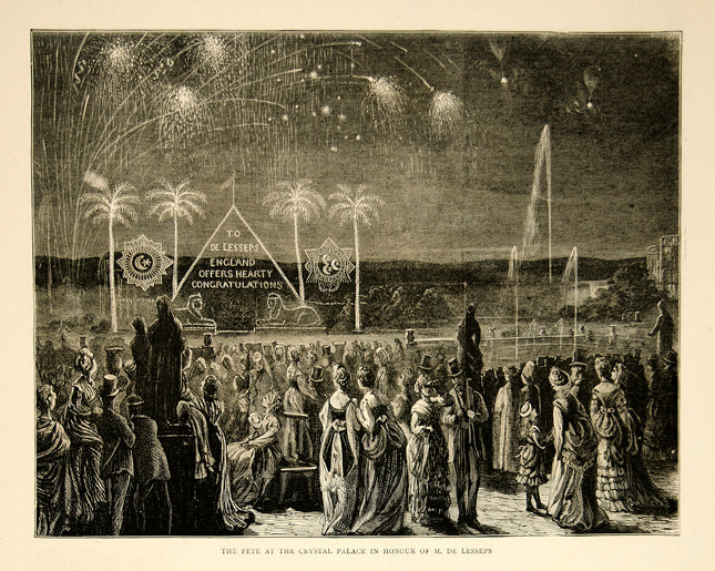 1870 Wood Engraving Crystal Palace De Lessep's Fireworks Show Night Fete YTG1