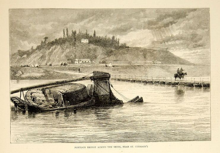 1870 Wood Engraving Pontoon Bridge Siene France St. Germain River Landscape YTG1