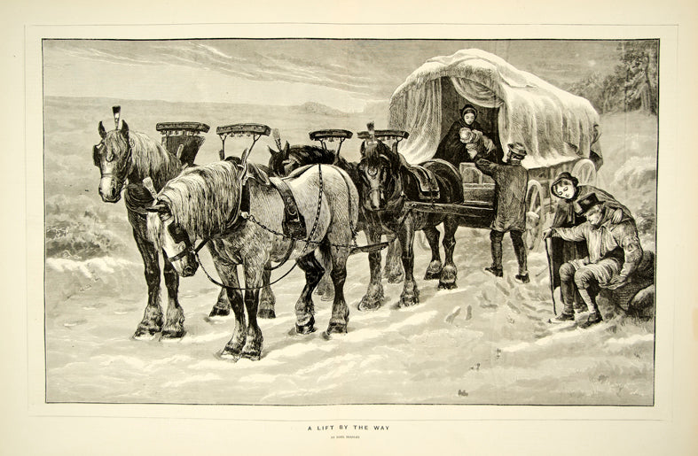 1870 Wood Engraving Basil Bradley Art Horse Wagon Victorian Era Peasants YTG1