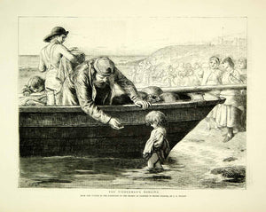 1871 Wood Engraving Art Fisherman Girl Child JD Watson Boat Beach Sea YTG2