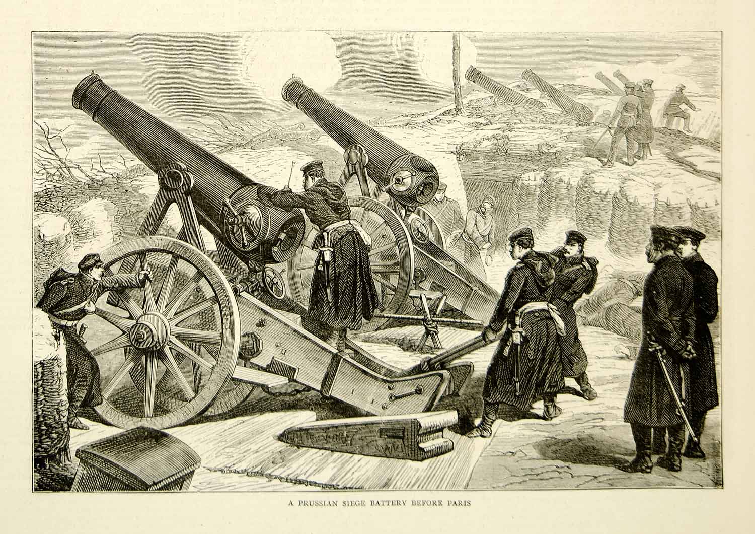 1871 Wood Engraving Art Franco-Prussian War Artillery Cannon Battery YTG2