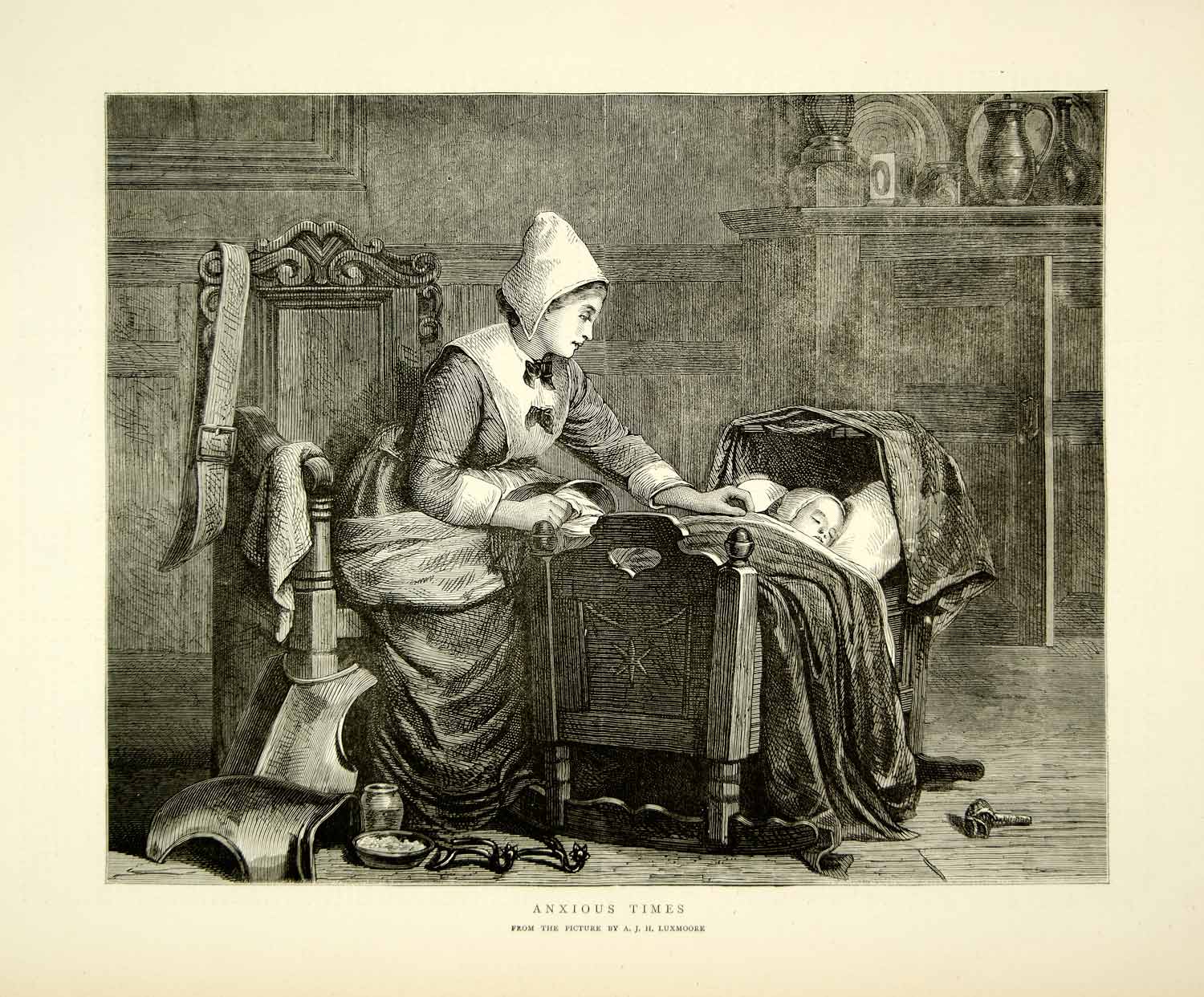 1871 Wood Engraving AJH Luxmoore Art Anxious Times Mother Baby Cradle Nurse YTG2