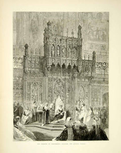 1871 Wood Engraving Art Queen Victoria Speech Parliament Westminster Palace YTG2