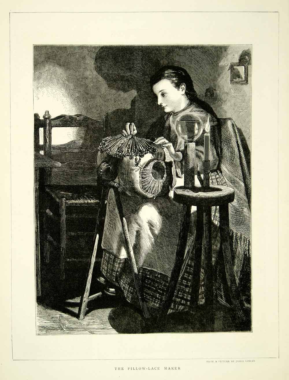 1871 Wood Engraving Art James Lobley Pillow Lace Maker Victorian Woman YTG2