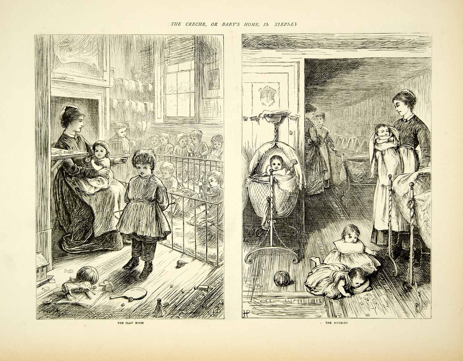 1871 Wood Engraving Art Children Day Care Center East End London England YTG2