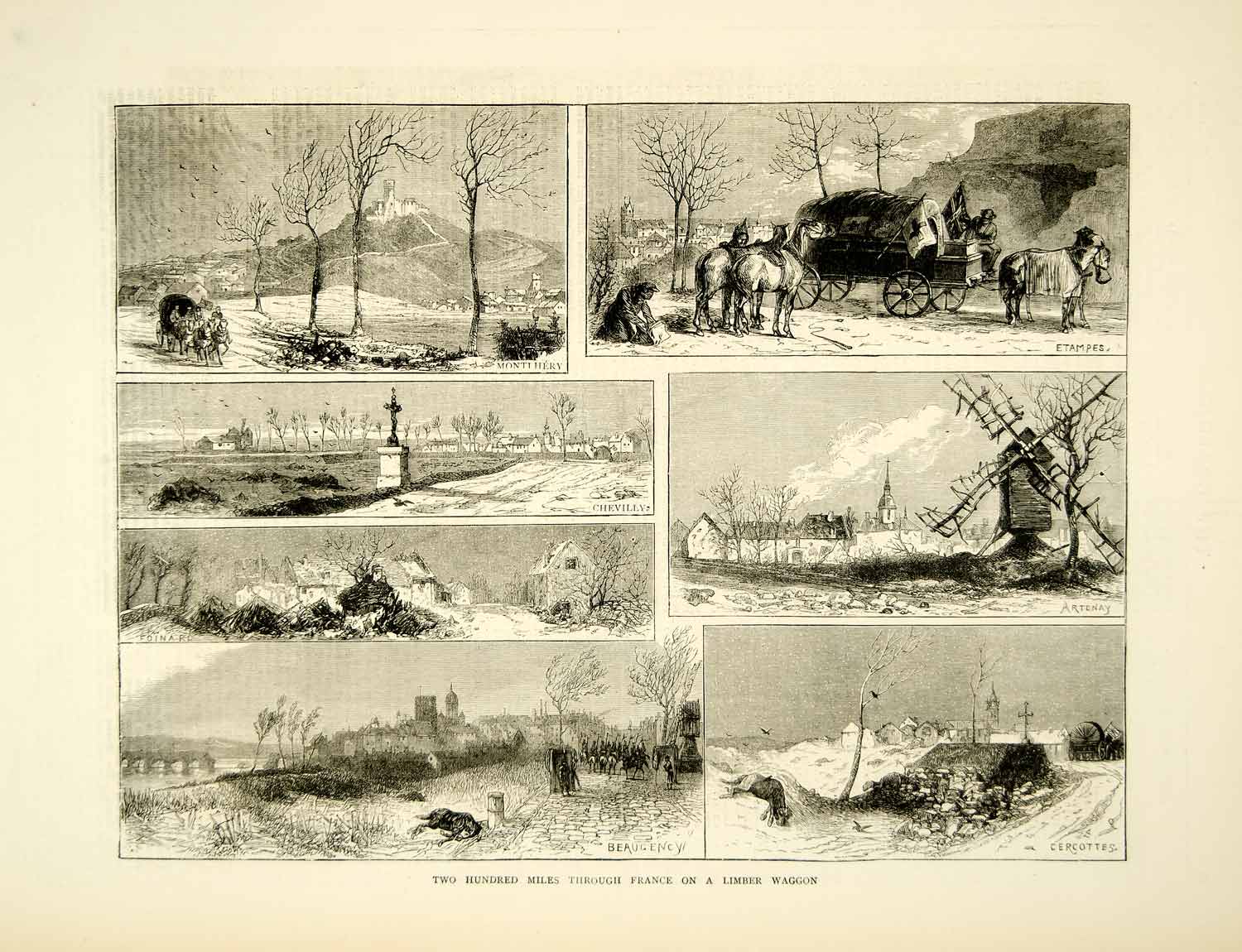 1871 Wood Engraving Art Franco-Prussian War French Countryside Limber Wagon YTG2