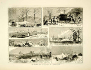 1871 Wood Engraving Art Franco-Prussian War French Countryside Limber Wagon YTG2
