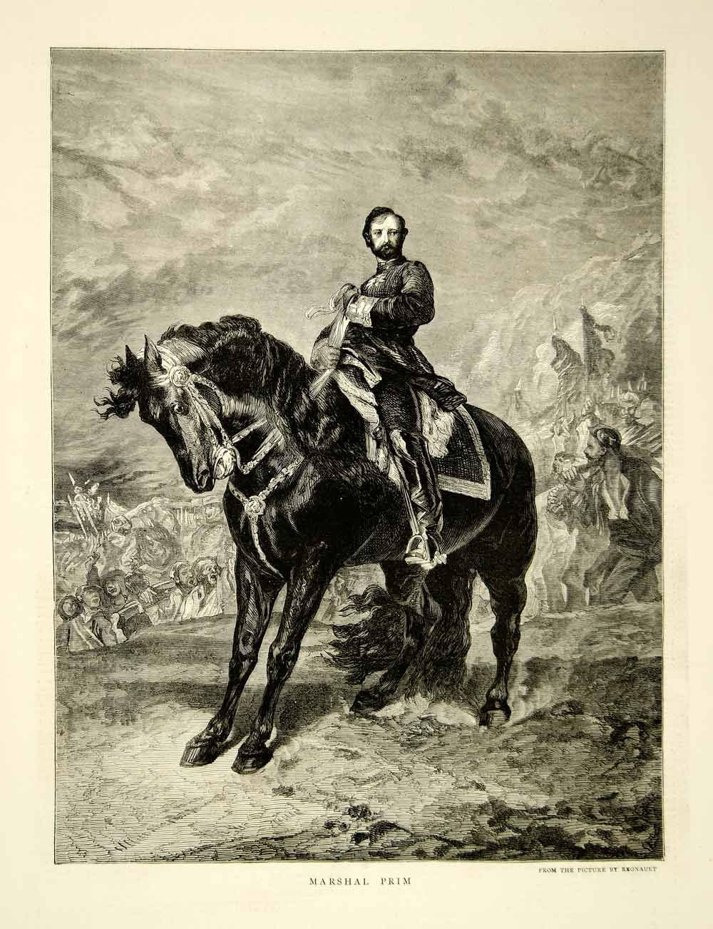 1871 Wood Engraving Art Regnault Field Marshal Juan Prim Equestrian Spanish YTG2
