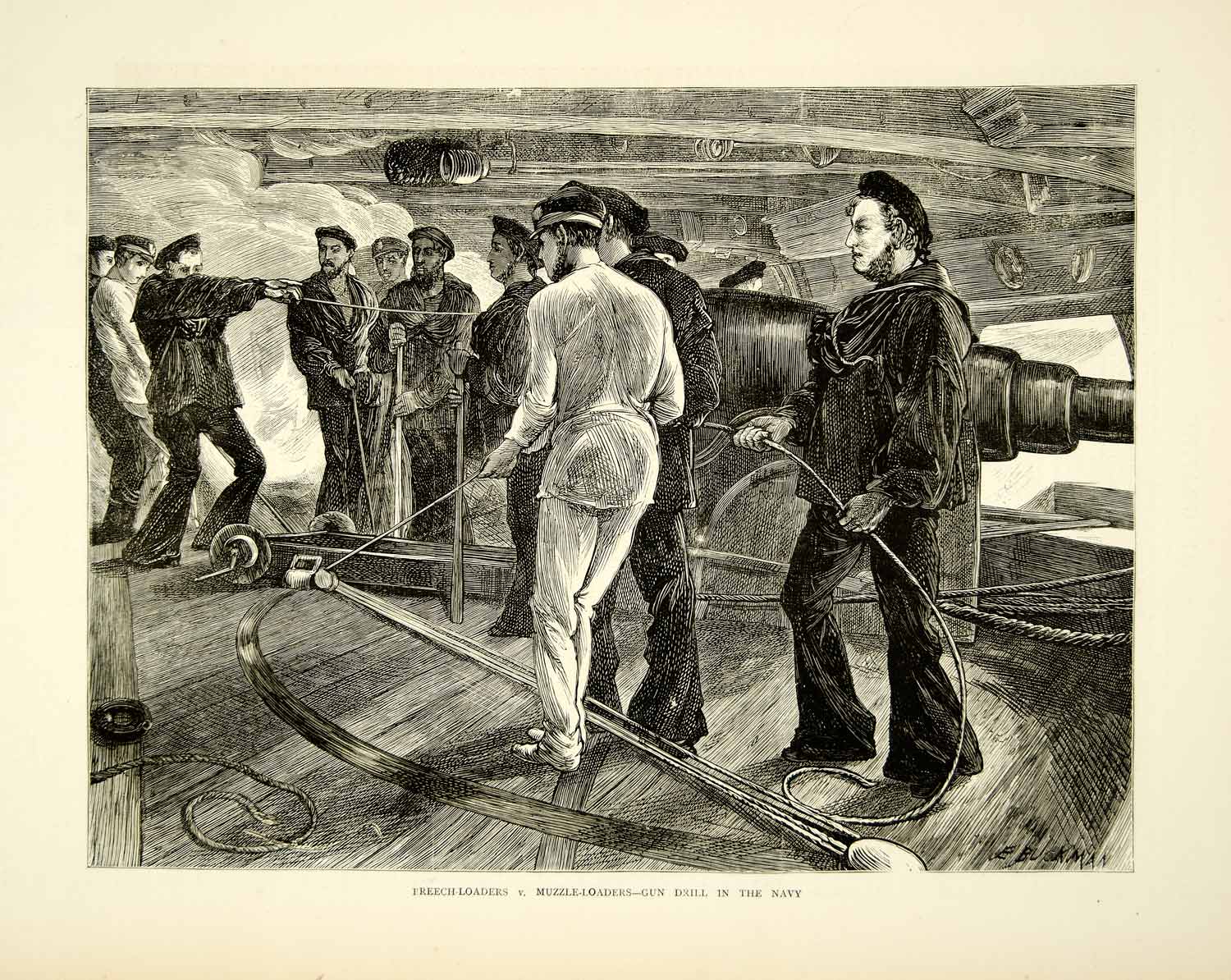 1871 Wood Engraving Art British Sailors Navy Breech Muzzle Loader Gun Drill YTG2
