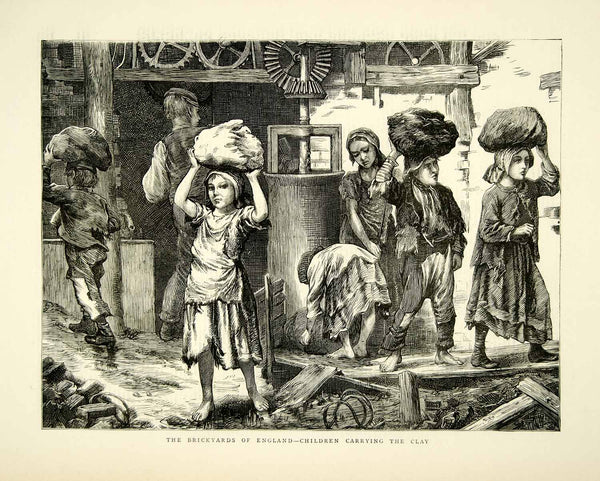 アート・デザイン・音楽 American Wood Engraving Victorian Histor 1871 Wood Engraving Art England Brickyard Victorian Children Clay