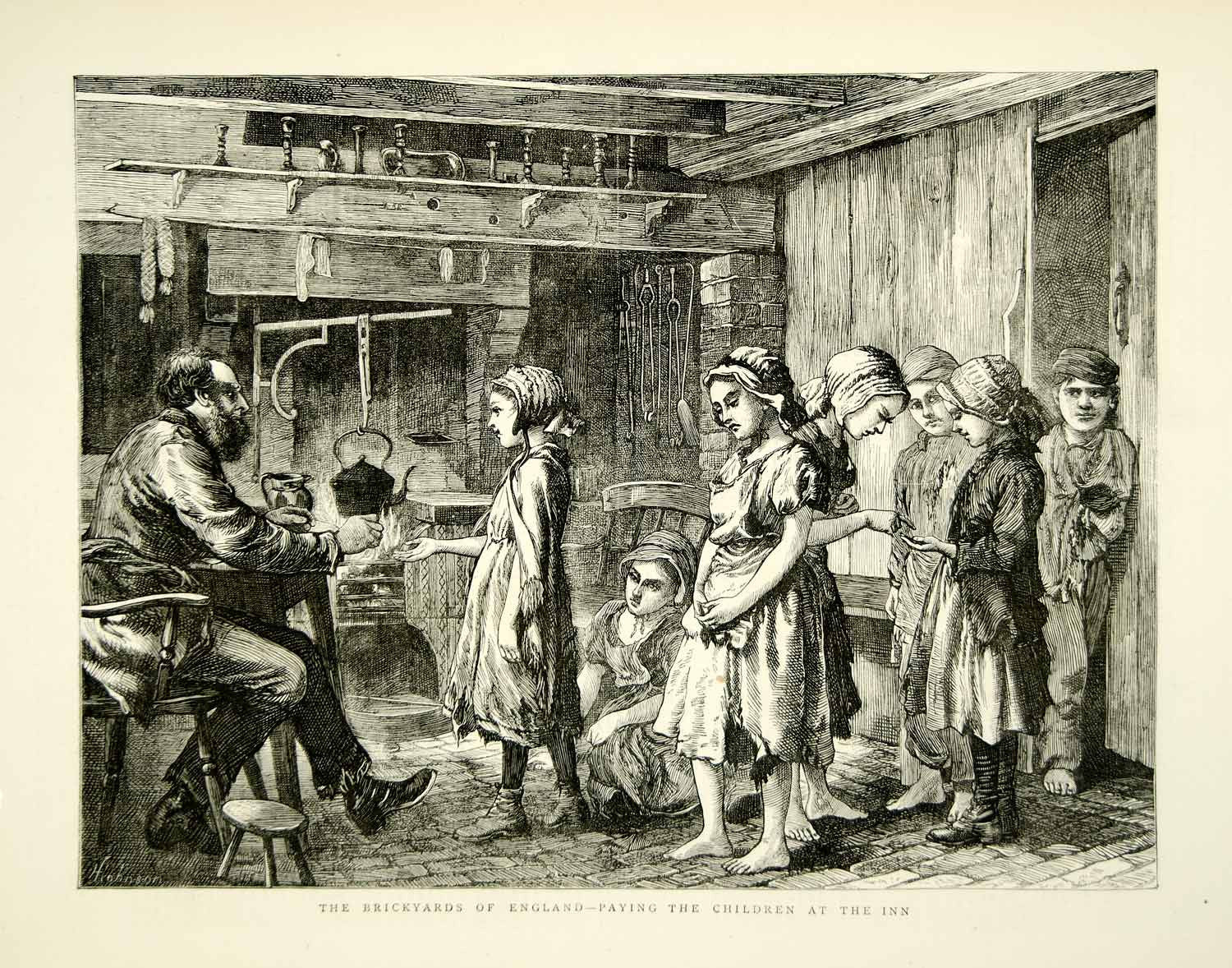 1871 Wood Engraving Art H Johnson Victorian Children Labor Inn 