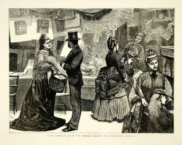 1871 Wood Engraving Art Isle Wight England Victorian Bazaar Women