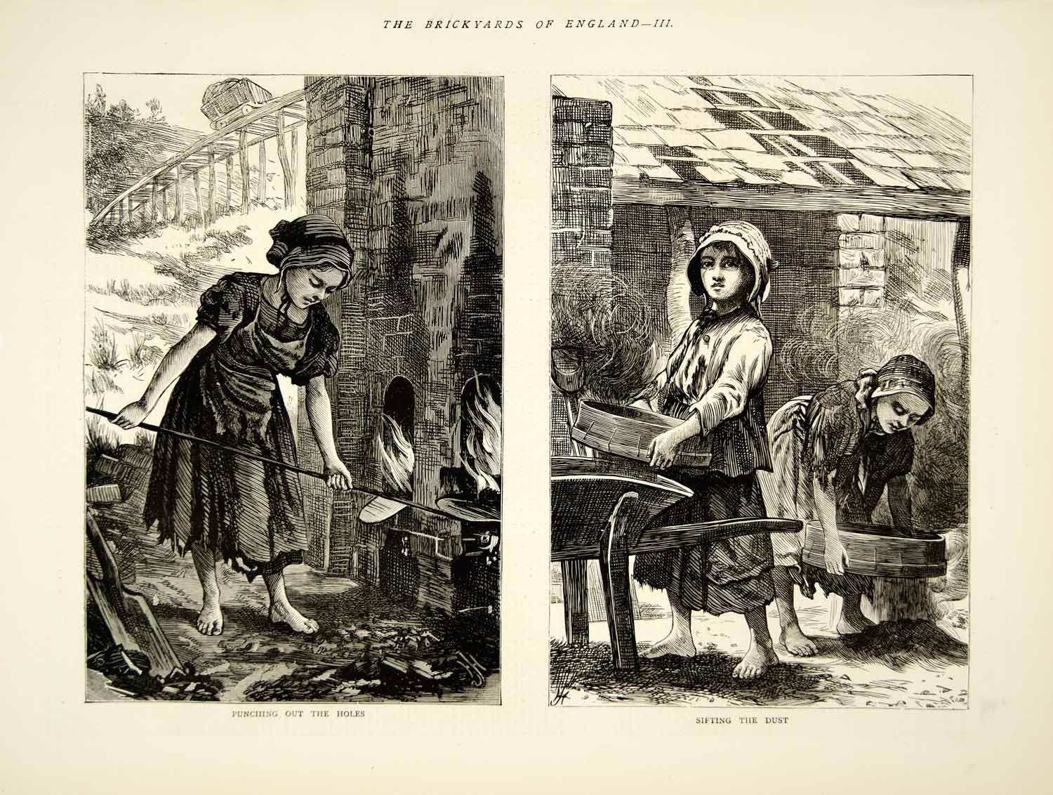 1871 Wood Engraving Art Victorian England Brickyards Children Labor Sifting YTG2