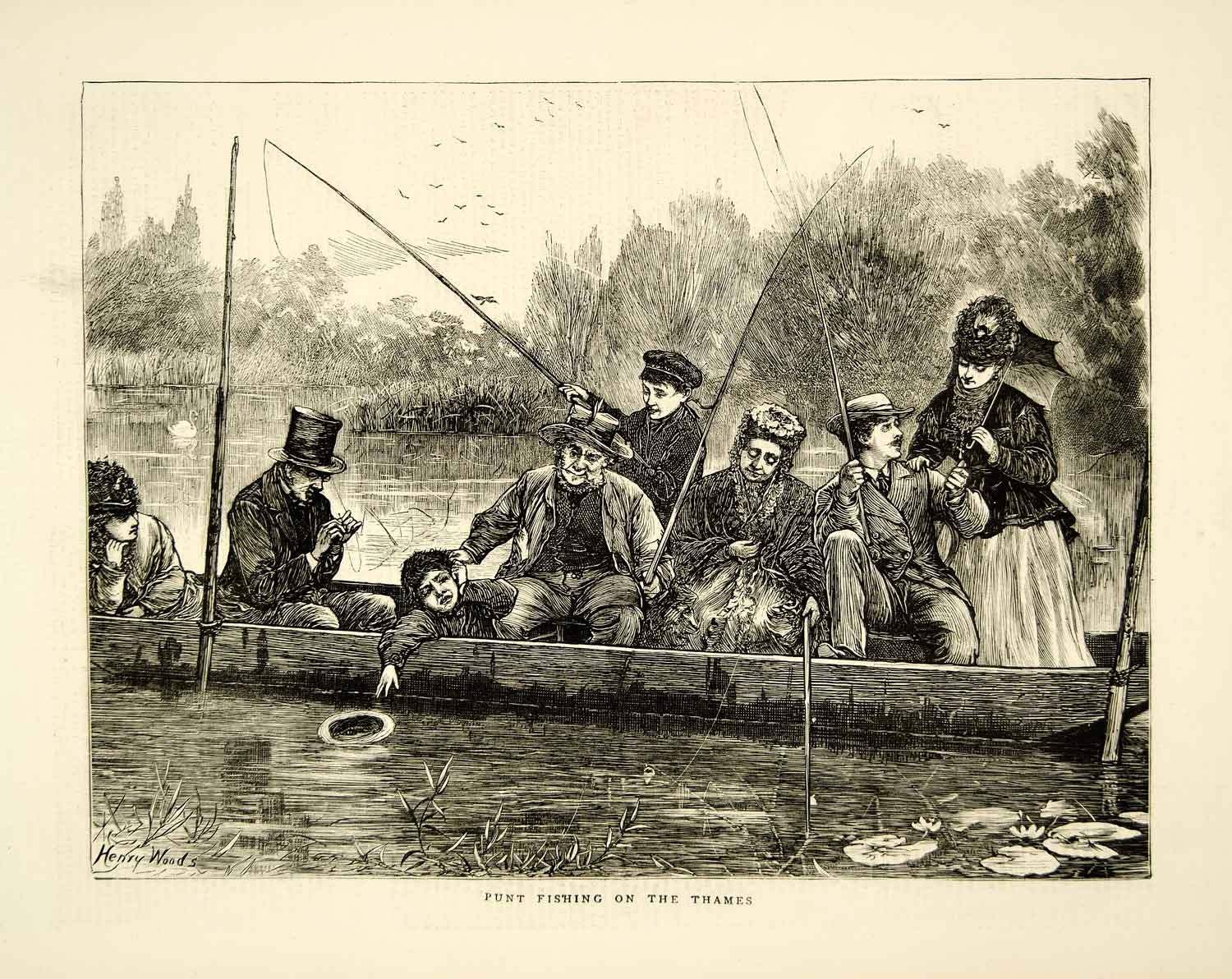 colonial fishing pole 1871 Wood Engraving Art Henry Woods Punt Fishing Thames River England –  Period Paper Historic Art LLC