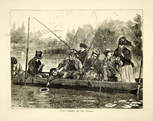 1871 Wood Engraving Art Henry Woods Punt Fishing Thames River England YTG2