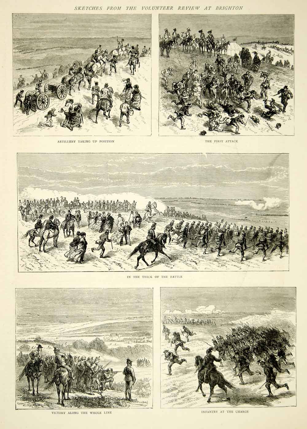 1871 Wood Engraving Art Citizen Soldiers War Games England Victorian YTG2
