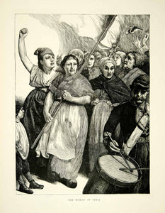 1871 Wood Engraving Art JD Linton Paris Commune Riot Victorian Women YTG2