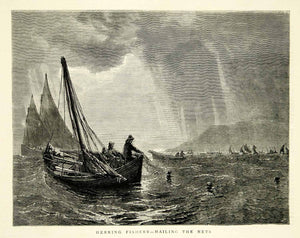 1871 Wood Engraving Art Herring Fishing Boat Hailing Nets Waves Tarbert YTG2 - Period Paper
