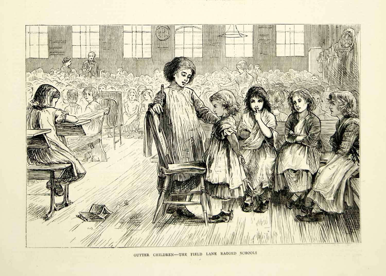1871 Wood Engraving Art Victorian London England Gutter Children